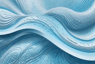 The primary subject of the image is a blue wave with white stars on it. The setting is a blue ocean, and the visual style is digital art. The dominant colors are blue and white, creating a calm and serene atmosphere.