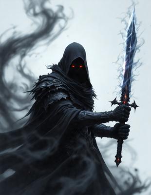 The primary subject of the image is a person dressed in a black robe, holding a sword. The person appears to be a warrior or a wizard, possibly a demon or a dark figure. The setting is a dark and ominous environment, with a cloudy sky and a hazy atmosphere. The visual style of the image is a digital art or illustration, with a focus on the person and the sword. The colors and mood of the image are dark and mysterious, with the black robe and the sword creating