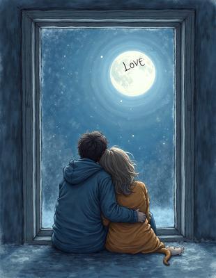 The primary subject of the image is a man and a woman sitting together, with the man holding the woman. They are looking out a window at the night sky, which has a moon visible. The setting is indoors, with the couple sitting on a couch. The visual style is a digital art or illustration, creating a warm and intimate atmosphere. The colors are predominantly dark, with the moon and the night sky providing a contrasting element.