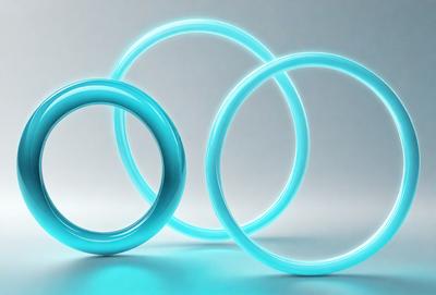 The primary subject of the image is a group of three blue rings. They are placed on a white background, which creates a contrast between the rings and the background. The visual style of the image is a photo, capturing the rings in their natural lighting. The dominant colors in the image are blue and white, giving the scene a clean and modern appearance.