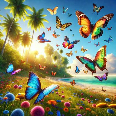 Primary subject: Butterflies
Setting/background: Tropical beach with palm trees and flowers
Visual style: Digital art
Colors and mood: Vibrant, lively, and cheerful