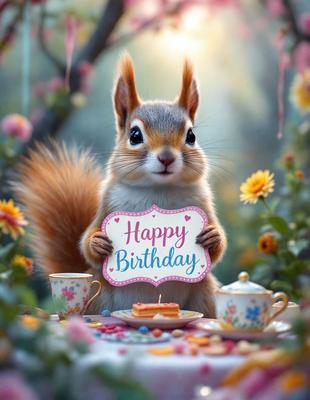 The primary subject of the image is a small, cute, and fluffy squirrel holding a pink sign that reads "Happy Birthday." The setting is a table with a cup and a cake on it, creating a cozy and celebratory atmosphere. The visual style is a combination of photo and digital art, giving the image a unique and charming appearance. The colors and mood are predominantly pink and warm, reflecting the joyful and festive nature of the scene.