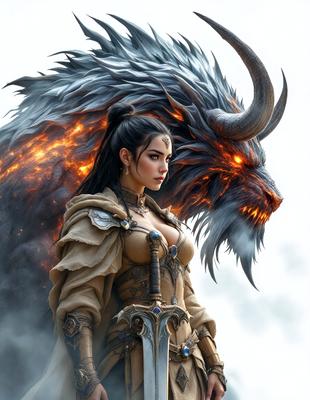 The primary subject of the image is a woman dressed in medieval armor, standing in front of a large, fire-breathing beast. The setting appears to be a fantasy world, with the woman and the beast as the main focus. The visual style is a digital art or illustration, with the woman and the beast depicted in a detailed and realistic manner. The colors and mood of the image are dark and dramatic, with the fire-breathing beast adding a sense of danger and intensity