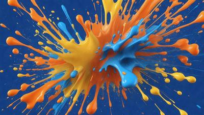 The primary subject of the image is a close-up of a colorful, abstract painting. The painting is a mix of blue, orange, and yellow colors, creating a vibrant and lively atmosphere. The setting is a blue background, which contrasts with the painting's colors, making them stand out even more. The visual style of the image is a combination of digital art and illustration, as it appears to be a digital painting. The colors and mood of the painting evoke a sense of energy and creativity,