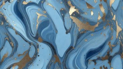 The primary subject of the image is a blue and gold marbled surface, which appears to be a piece of art or a decorative item. The setting is a close-up view of the marbled surface, showcasing its intricate patterns and colors. The visual style of the image is a combination of artistic and digital elements, creating a unique and eye-catching design. The dominant colors in the image are blue and gold, with the gold accents adding a touch of warmth and sophistication to the overall atmosphere