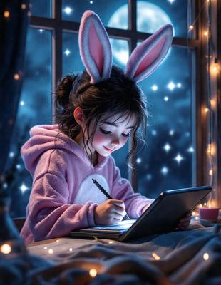 The primary subject of the image is a young girl wearing a pink bunny costume and a pink hoodie. She is sitting at a table and using a tablet computer. The setting is a room with a window, and the visual style is a digital art or illustration. The colors in the image are predominantly pink, creating a warm and cheerful atmosphere.