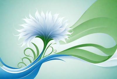 The primary subject of the image is a white flower with green leaves, which is the main focus of the image. The setting is a blue background, which adds a contrasting color to the scene. The visual style is a digital art or illustration, as the flower and leaves are depicted in a detailed and artistic manner. The colors and mood of the image are predominantly blue and green, creating a calm and serene atmosphere.