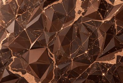 The primary subject of the image is a close-up of a brown marble surface with a pattern of triangles. The setting is a room with a brown marble wall, and the visual style is a combination of a photo and digital art. The colors and mood of the image are warm and earthy, with the brown marble and triangular pattern creating a sense of depth and texture.
