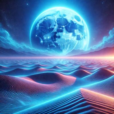 The primary subject of the image is a large, glowing moon, which is the main focus of the scene. The moon is positioned in the sky, with a backdrop of a sandy beach. The visual style of the image is digital art, as it appears to be a computer-generated or digitally edited scene. The dominant colors in the image are blue and orange, creating a vibrant and lively atmosphere.