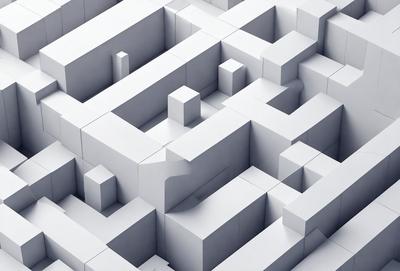 The primary subject of the image is a white, three-dimensional maze. The setting is a white background, which creates a clean and minimalistic visual style. The image is a digital art or illustration, showcasing the intricate design of the maze. The colors and mood of the image are predominantly white, giving it a calm and serene atmosphere.