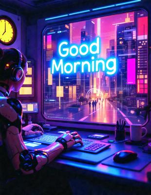 The primary subject of the image is a woman sitting at a desk, working on a computer. She is wearing headphones and appears to be focused on her task. The setting is an office environment, with a clock on the wall and a keyboard in front of her. The visual style is a digital art, creating a futuristic and modern atmosphere. The colors are predominantly blue and purple, giving the scene a calm and professional mood.