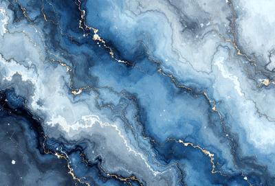 The primary subject of the image is a blue and gold painting of a marbled surface. The setting is a blue and gold background, which complements the painting. The visual style is a painting, showcasing the artist's skill in creating a realistic and visually appealing representation of the marbled surface. The colors and mood of the painting are predominantly blue and gold, creating a sense of elegance and sophistication.