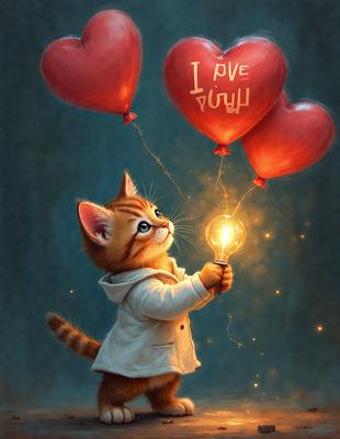 The primary subject of the image is a small cat wearing a white jacket. The cat is holding onto a string with a heart-shaped balloon attached to it. The setting is a dark room, and the visual style is a painting. The colors and mood of the image are predominantly dark, with the cat and balloon being the main focus.