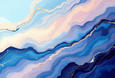 The primary subject of the image is a blue and gold painting of a wave. The setting is a blue and white background, and the visual style appears to be a digital art or illustration. The dominant colors in the painting are blue and gold, creating a serene and calming atmosphere.