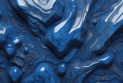 The primary subject of the image is a close-up of a blue, swirling, and textured surface, possibly a piece of art or a natural formation. The setting appears to be a dark, moody environment, possibly a cave or an underground space. The visual style of the image is a combination of photo and digital art, creating a unique and intriguing appearance. The dominant colors in the image are blue and black, with the blue hues creating a sense of depth and mystery.