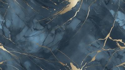 The primary subject of the image is a marble surface with gold accents. The setting is a room with a blue background. The visual style is a combination of photo and digital art, creating a unique and intricate design. The dominant colors are blue and gold, giving the scene a luxurious and elegant atmosphere.