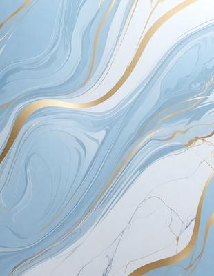 The primary subject of the image is a blue and gold marbled wallpaper. The setting is a room with a blue and gold marbled wallpapered wall. The visual style is a patterned wallpaper, and the colors and mood are a combination of blue and gold, creating a luxurious and elegant atmosphere.