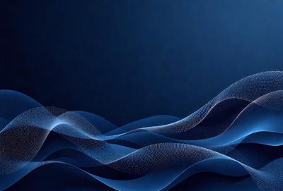 The primary subject of the image is a blue wave, which is the main focus of the scene. The setting is a dark blue background, creating a contrasting and dramatic effect. The visual style is a digital art or illustration, as the wave is depicted in a detailed and artistic manner. The colors and mood of the image are predominantly blue, with a sense of depth and movement conveyed through the wave's design.