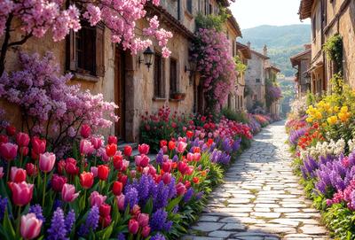 The primary subject of the image is a beautifully decorated street lined with colorful flowers, including pink and purple tulips. The setting is a charming village with stone buildings and a cobblestone path. The visual style is a photo, capturing the vibrant colors and natural beauty of the flowers and the village. The colors and mood of the image are lively and cheerful, with the pink and purple tulips adding a touch of elegance to the scene.