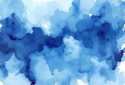 The primary subject of the image is a blue watercolor painting featuring a cloudy sky. The setting is a blue background, and the visual style is a watercolor painting. The dominant colors in the painting are blue and white, creating a serene and calming atmosphere.