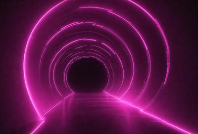The primary subject of the image is a tunnel with a pink lighting effect. The tunnel appears to be a part of a larger structure, possibly a building or an art installation. The setting is a dark environment, which contrasts with the pink lighting. The visual style of the image is a combination of photo and digital art, creating a unique and captivating atmosphere. The dominant colors in the image are pink and purple, giving the scene a warm and inviting mood.