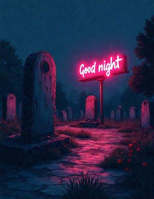 The primary subject of the image is a neon sign that reads "Good Night." The sign is located in a graveyard, with several tombstones surrounding it. The setting is a dark, eerie environment, and the visual style is a digital art or illustration. The colors and mood of the image are predominantly dark and mysterious, with the neon sign providing a contrasting and eye-catching element.