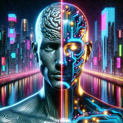 The primary subject of the image is a futuristic robot with a human-like head. The robot is composed of a mix of mechanical and human-like features, giving it a unique and intriguing appearance. The setting is a futuristic cityscape, with a backdrop of tall buildings and neon lights. The visual style of the image is a combination of digital art and illustration, creating a vibrant and dynamic scene. The colors and mood of the image are predominantly neon and futuristic