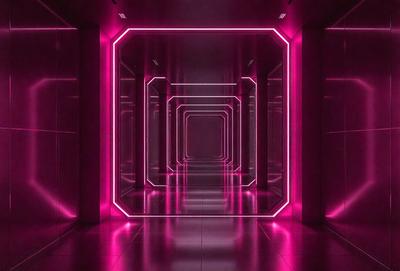 The primary subject of the image is a hallway with a pink lighting effect. The setting is a long, narrow hallway with a mirrored surface, giving the impression of a tunnel. The visual style is a combination of a photo and digital art, creating a unique and striking atmosphere. The colors and mood are predominantly pink, giving the scene a warm and inviting feel.
