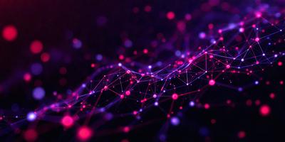 The primary subject of the image is a purple and pink nebula, which is a three-dimensional structure of glowing gas. The setting is a dark background, which contrasts with the vibrant colors of the nebula. The visual style is a digital art or illustration, as the image is composed of many small dots that create a detailed and intricate pattern. The colors and mood of the image are predominantly purple and pink, giving it a serene and dreamy atmosphere.