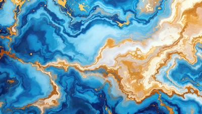 The primary subject of the image is a blue and gold painting featuring a swirling pattern. The setting is a wall, and the visual style appears to be a painting or drawing. The dominant colors are blue and gold, creating a sense of depth and richness in the artwork.