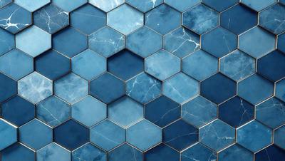The primary subject of the image is a blue and white tile pattern. The setting is a bathroom, with the tiles covering the walls and floor. The visual style is a close-up of the tiles, showcasing their intricate design. The dominant colors are blue and white, creating a clean and calming atmosphere.