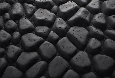 The primary subject of the image is a large black rock wall. The setting is a dark room, and the visual style is a black and white photo. The dominant colors are black and white, creating a moody atmosphere.