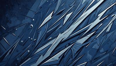 The primary subject of the image is a blue background with a pattern of sharp, pointed objects. The setting appears to be a futuristic or abstract environment. The visual style is a combination of digital art and illustration, creating a unique and intriguing design. The colors and mood of the image are predominantly blue, with a sense of depth and complexity.