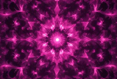 The primary subject of the image is a large, pink, purple, and black circular pattern. The setting is a dark background, which contrasts with the vibrant colors of the pattern. The visual style appears to be a combination of digital art and illustration, creating a unique and eye-catching design. The dominant colors in the image are pink, purple, and black, giving the pattern a bold and striking appearance.