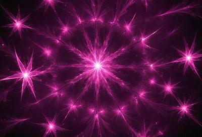 The primary subject of the image is a large, brightly colored, and pink-toned starburst pattern. The setting is a dark background, which contrasts with the vibrant colors of the starburst pattern. The visual style appears to be a combination of digital art and illustration, creating a unique and eye-catching design. The colors and mood of the image are predominantly pink, which gives it a warm and inviting atmosphere.