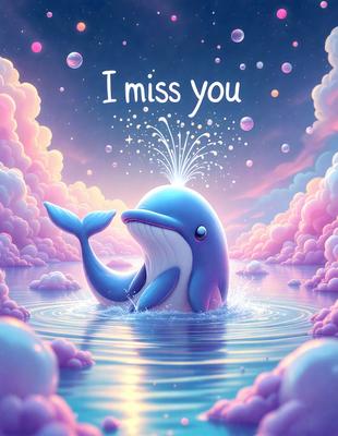 The primary subject of the image is a whale, which is the main object, scene, or focus of the image. The whale is depicted in a pink and blue color scheme, giving it a playful and cheerful appearance. The setting of the image is a pink and blue ocean, with a backdrop of clouds. The visual style of the image is digital art, as it is a well-crafted and detailed illustration. The overall atmosphere of the image is light-hearted and fun, with the wh