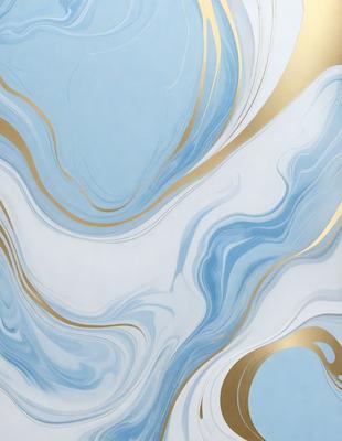 The primary subject of the image is a blue and white swirling pattern, which appears to be a painting or a digital artwork. The setting is a white wall, and the visual style is a combination of digital art and painting. The dominant colors are blue and white, creating a calming and serene atmosphere.
