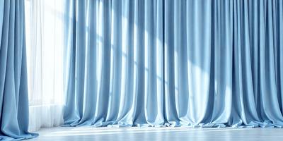 The primary subject of the image is a blue curtain, which is the main object in the scene. The curtain is hanging in front of a window, creating a sense of depth and dimension. The setting is indoors, with the curtain serving as a backdrop for the scene. The visual style of the image is a photo, capturing the curtain's texture and color. The dominant colors in the image are blue and white, creating a calm and serene atmosphere.
