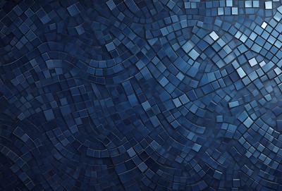 The primary subject of the image is a blue tile wall with a pattern of blue squares. The setting is a room with a blue tile floor. The visual style is a close-up of the blue tile wall, showcasing the intricate pattern of the blue squares. The colors and mood of the image are predominantly blue, creating a calm and serene atmosphere.
