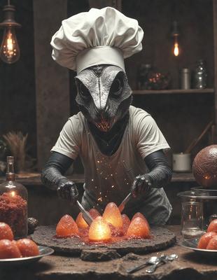 The primary subject of the image is a chef, dressed in a chef's outfit, standing in a kitchen and preparing food. The chef is focused on cutting up food items, such as apples, using a knife. The setting is a kitchen with various items, including a bottle, a bowl, and a spoon. The visual style of the image is a photo, capturing the chef's actions in detail. The colors and mood of the image are warm and inviting, with the chef's