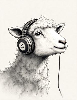 The primary subject of the image is a sheep with headphones on, wearing a white wool coat. The sheep is standing in front of a white background. The visual style of the image is a drawing or illustration, with the sheep being depicted in a cartoon-like manner. The colors and mood of the image are light and playful, as the sheep appears to be enjoying its time with the headphones on.