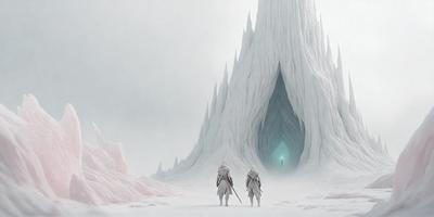 The primary subject of the image is a man and a woman standing in a snowy environment. They are positioned in front of a large, snow-covered mountain. The setting appears to be a winter landscape, with the couple dressed in white clothing, which adds to the cold and snowy atmosphere. The visual style of the image is a digital art or illustration, creating a sense of depth and realism in the scene. The dominant colors in the image are white and gray, which contribute to the overall mood of the picture