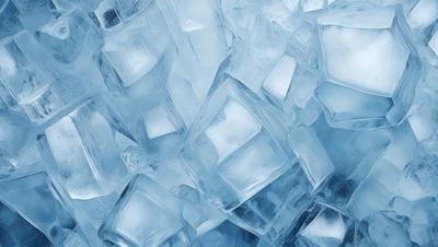The primary subject of the image is a large pile of ice cubes. The ice cubes are blue and are arranged in a visually appealing manner. The setting is a cold environment, possibly a freezer or a winter scene. The visual style is a close-up of the ice cubes, showcasing their texture and color. The dominant colors are blue and white, creating a cool and refreshing atmosphere.