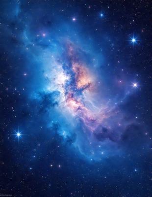 The primary subject of the image is a blue nebula, which is a cloud of gas and dust in space. The setting is a night sky, with the nebula being the main focus of the image. The visual style is a combination of a photo and digital art, creating a unique and captivating representation of the celestial object. The dominant colors are blue and purple, giving the image a serene and peaceful atmosphere.