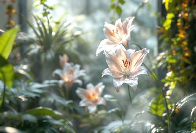 The primary subject of the image is a group of white flowers, likely lilies, with long stems. They are placed in a garden setting, surrounded by green plants and leaves. The visual style of the image is a photo, capturing the beauty of the flowers in their natural environment. The colors and mood of the image are predominantly white and serene, creating a peaceful and calming atmosphere.