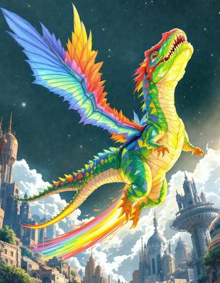 Primary subject: A colorful, rainbow-feathered dragon flying in the sky.

Setting/background: The dragon is flying over a city with buildings and towers in the background.

Visual style: The image is a digital art or illustration, featuring a vibrant and lively dragon.

Colors and mood: The dragon is predominantly green, with rainbow-colored feathers adding a lively and cheerful atmosphere to the scene.
