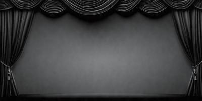 The primary subject of the image is a black curtain, which is the main object in the scene. The setting is a black background, which creates a dramatic and moody atmosphere. The visual style is a photo, capturing the curtain in its natural environment. The colors and mood of the image are predominantly dark and mysterious, with the black curtain serving as the focal point.