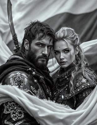 The primary subject of the image is a man and a woman standing close to each other, posing for a picture. They are the main focus of the image. The setting is a dark room, with a flag in the background. The visual style is a black and white photo, giving the image a classic and timeless feel. The dominant colors are black and white, with the flag adding a touch of red. The overall atmosphere is intimate and romantic.