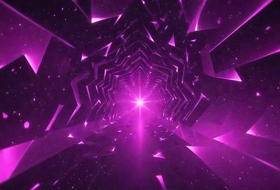 The primary subject of the image is a purple tunnel with a bright light at the end. The setting is a purple space with a starry background. The visual style is a digital art or illustration, creating a futuristic and surreal atmosphere. The dominant colors are purple and pink, with the bright light adding a contrasting element to the scene.