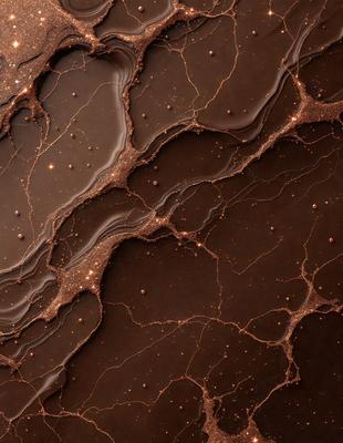The primary subject of the image is a close-up of a chocolate-covered surface, possibly a chocolate cake or a chocolate-covered item. The setting is a dark background, which contrasts with the chocolate, making it the focal point of the image. The visual style is a close-up, which emphasizes the details of the chocolate. The colors and mood of the image are predominantly dark, with the chocolate being the main source of color and